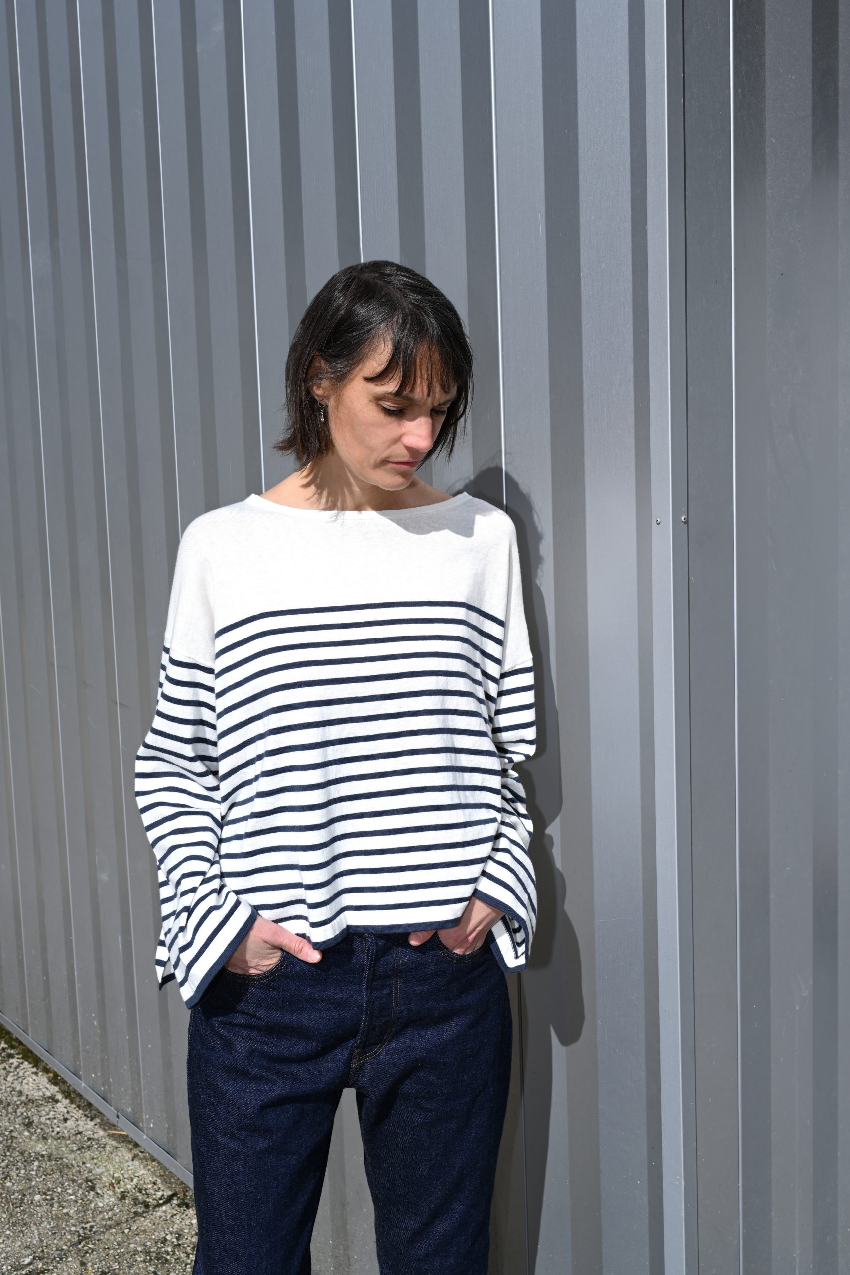 C.T. PLAGE Ladies Round Longsleeve Pullover White/ B Navy cotton cashmere