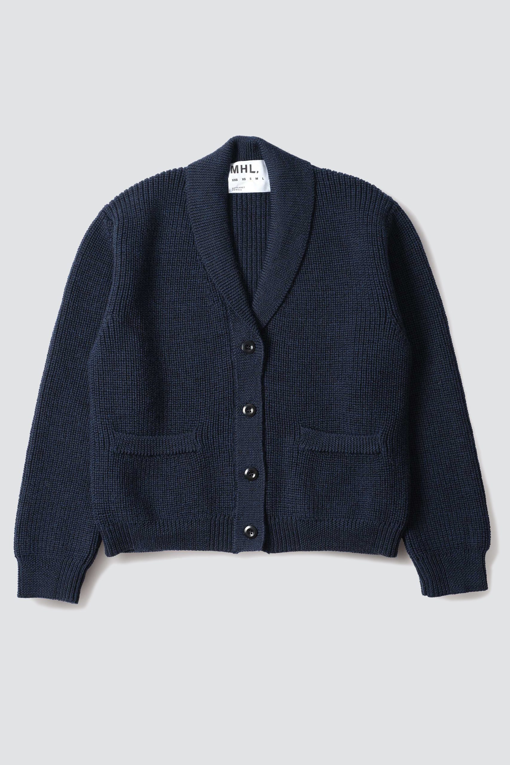 MHL Shawl Collar Cardigan Pure Wool Dark navy