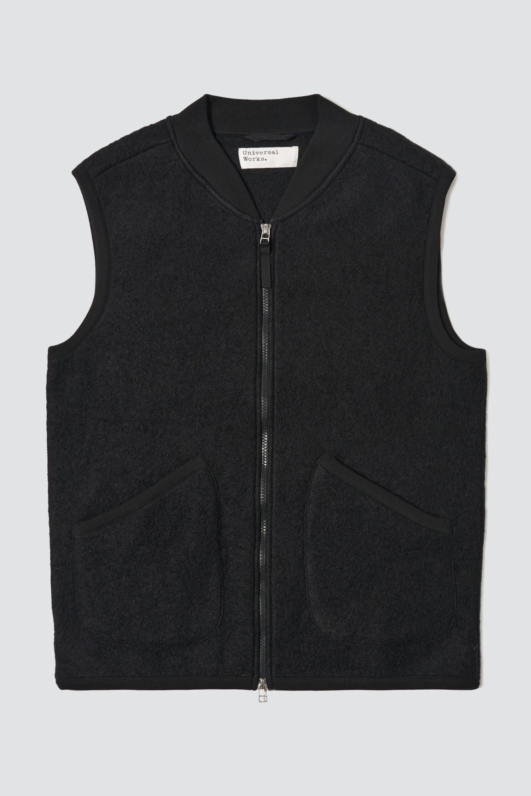 UNIVERSAL WORKS Black Wool Fleece Zip Waistcoat