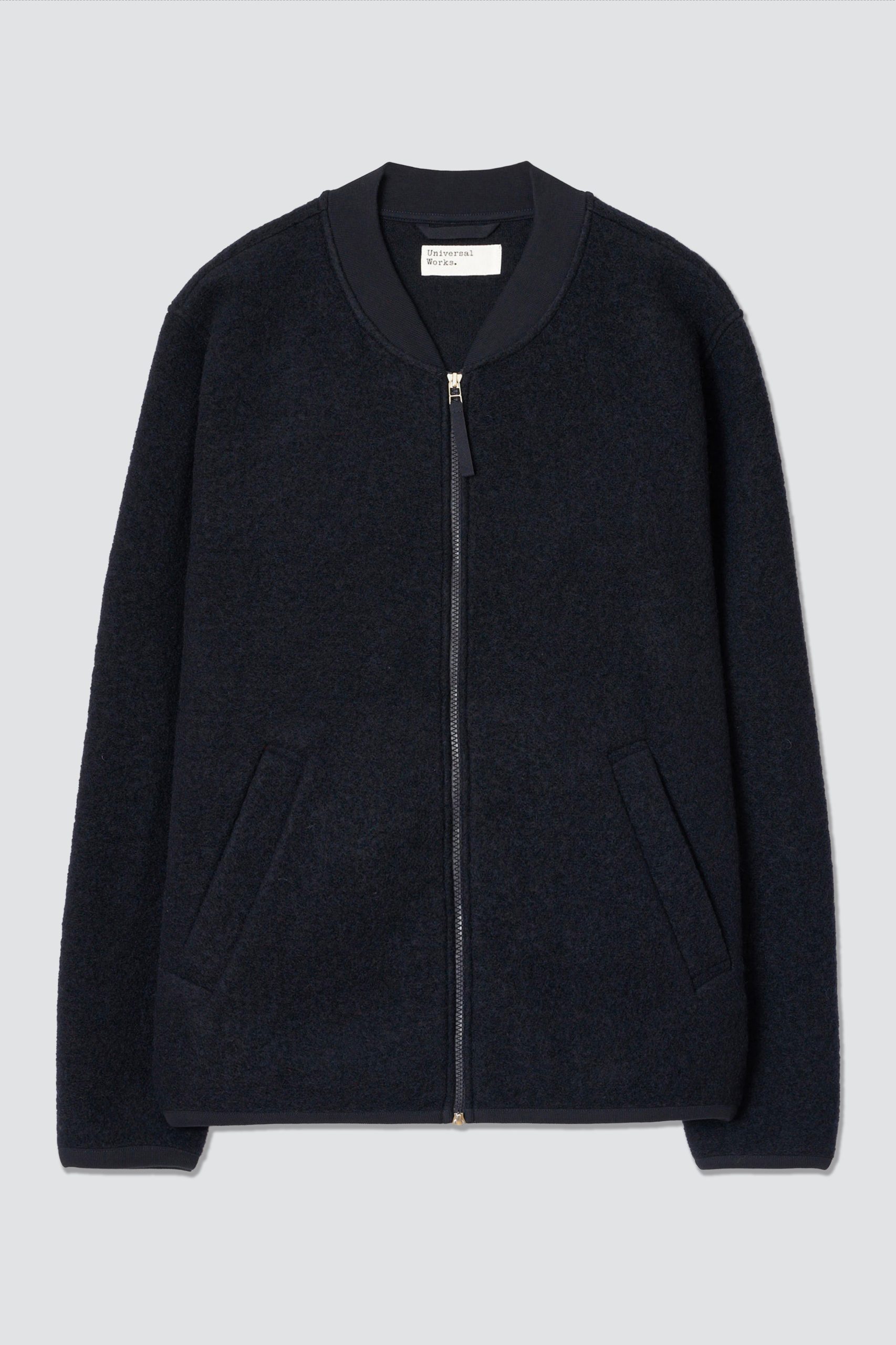 UNIVERSAL WORKS Navy Wool Fleece Zip bomber